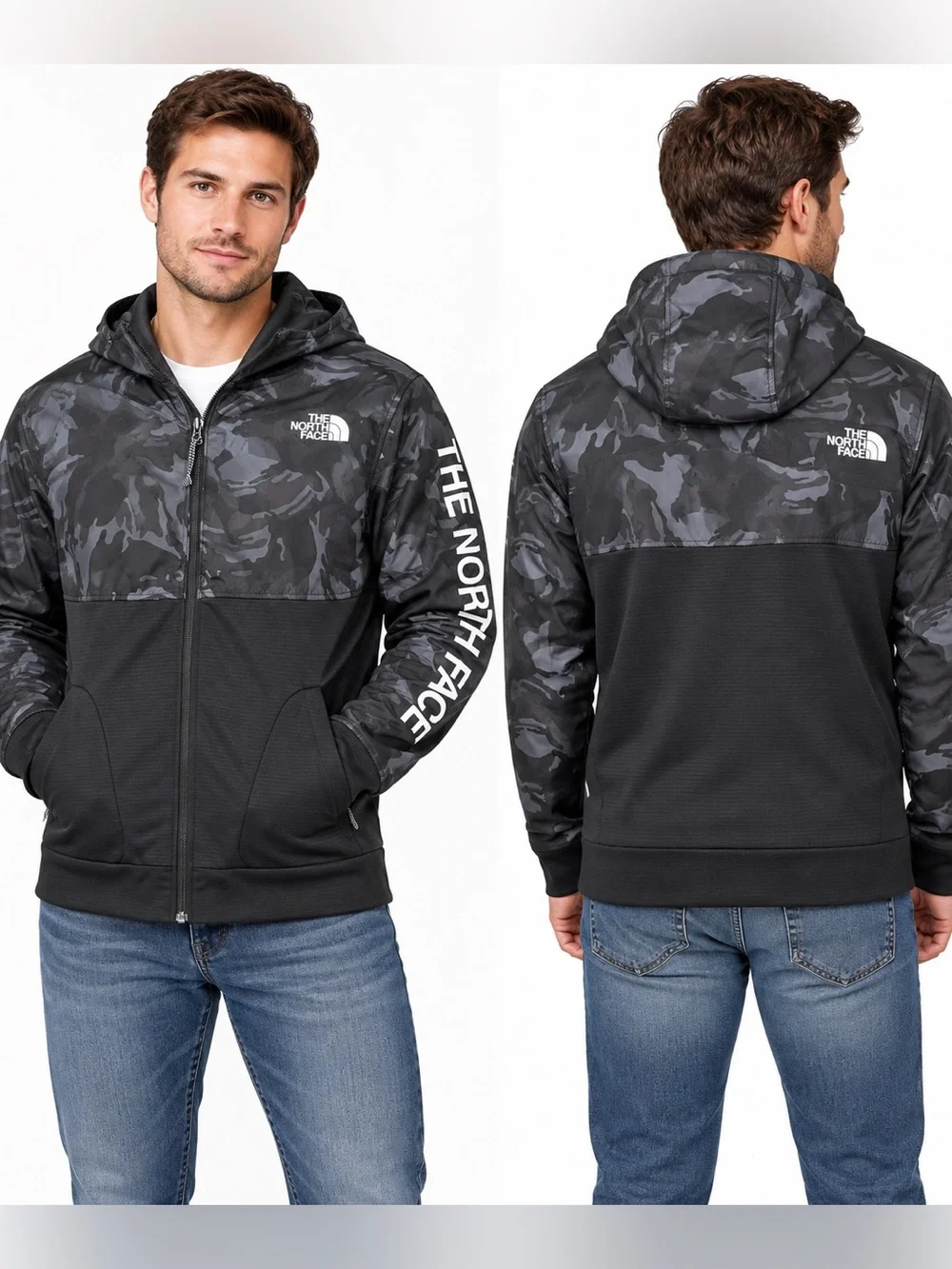 The North Face Men’s Medium Camo Full Zip Hooded Jacket Black Gray Logo Sleeve